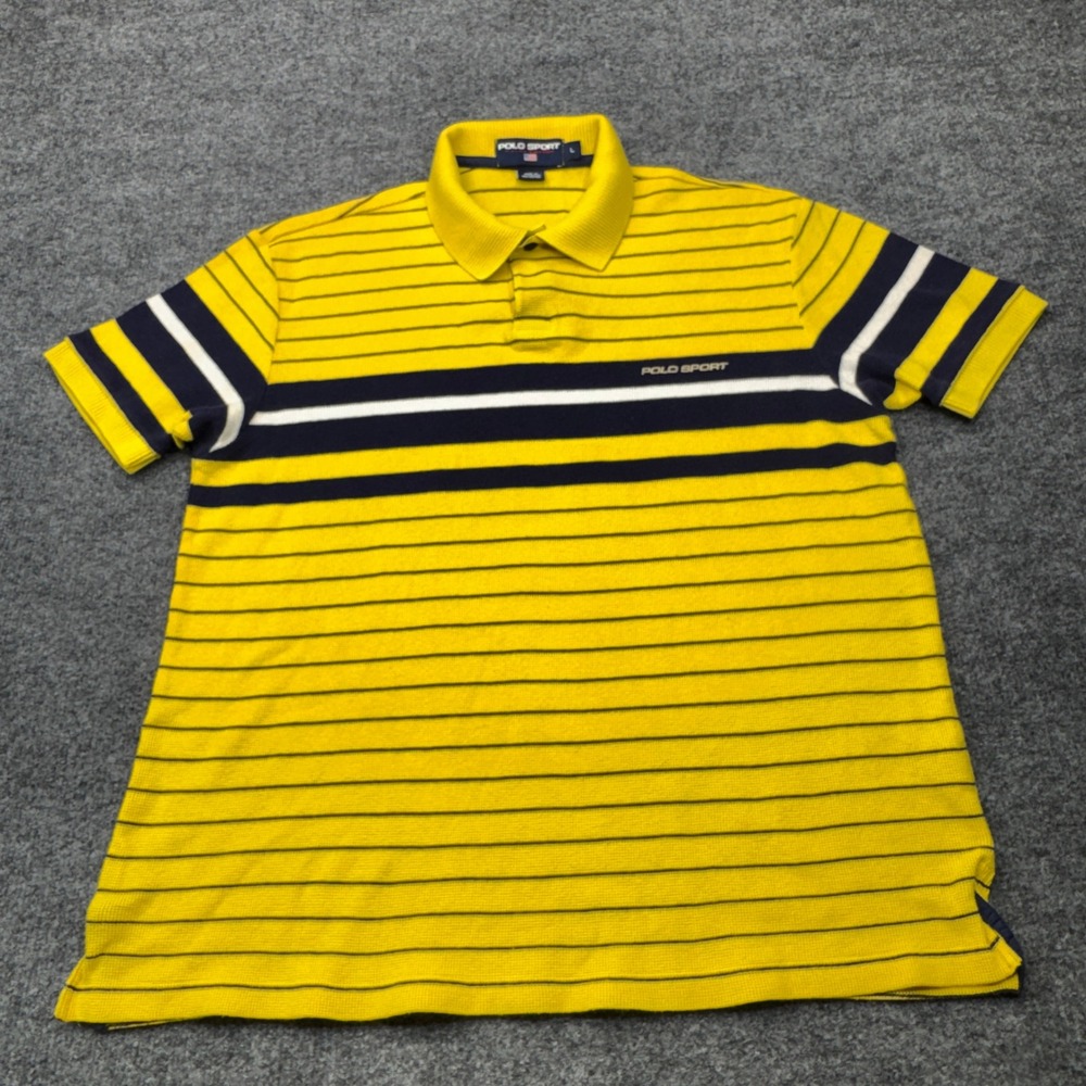 Vintage Polo Sport Ralph Lauren Shirt Mens Large Yellow Striped Rugby Knit 90s